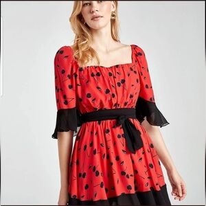 ✨️(NWOT)✨️Nocturne Red Cherry Mini Dress w/ Black Sash – Size S (US 4–6)